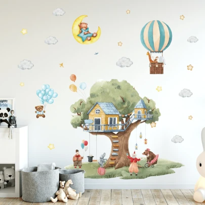 可爱动物墙贴，适用于婴儿房，可移除婴儿房贴纸，卡通星星月亮墙贴，儿童卧室装饰艺术品