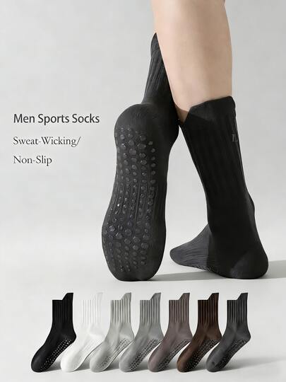 Men Crew Sports Grip Plus Size Socks, Cuff Ear Lifting Anti-Callus Design, Non-Skid Sole Prevents Slip On Mats & Floors, Sweat-Wicking & Breathable For Yoga, Playing Ball, Runing, Cycling, Hiking, Rope Skipping And Casual Wear.