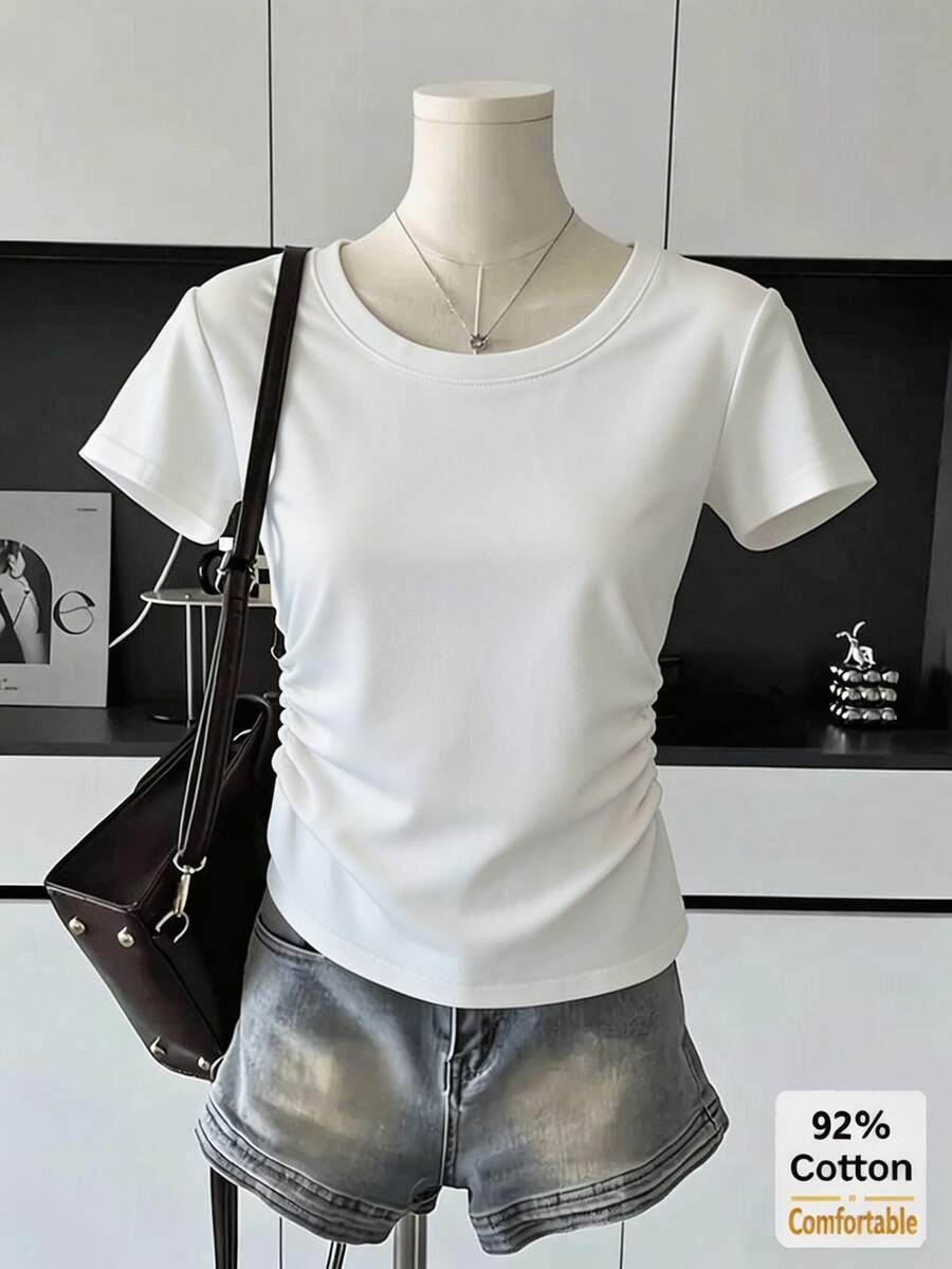 New Spring/Summer White Cropped Short Sleeve T-Shirt, Drawstring Design, Flattering, Stylish & Chic - White - View 1