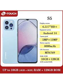 K-TOUCH S5 10GB（4GB+6GB 扩展内存）+ 128GB 4G LTE，全球版，Android 14 智能手机，6.517 英寸高清+显示屏，4000mAh 电池，1300 万像素摄像头，双卡双待，八核处理器 - 送给挚爱的完美礼物 - 黑色 - 查看 14