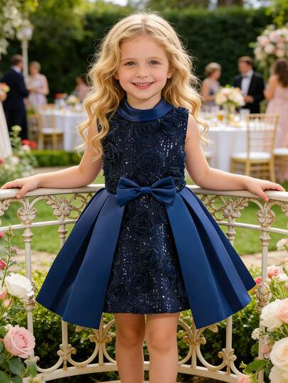 EHOMKIDS Vestito da principessa in raso senza maniche per ragazze, Vestito da festa per bambine con ricamo floreale e paillettes, Vestito blu navy a ginocchio per ragazze