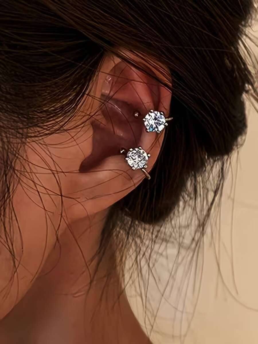 1 Pair Of Elegant And Luxurious Shiny Synthetic Synthetic Zirconia Inlaid Hoop Earrings, Adjustable Non-Piercing Ear Clips Suitable For Women, Perfect For Daily Wear And Party Banquets - Silver - View 1