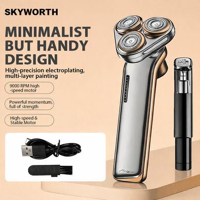 SKYWORTH Men's Electric Rotary Shaver, 3-Blade Floating Foil Razor For Close Shave, Portable Travel Beard Trimmer With Leather Storage Case