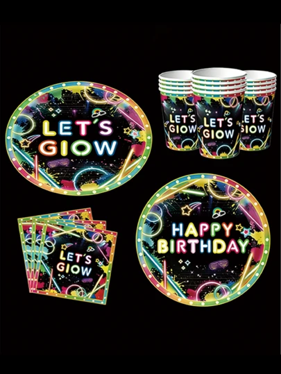 Bộ đồ dùng tiệc Let's Glow gồm 10 món/20 món, đĩa giấy, cốc, khăn ăn, đồ trang trí tiệc sinh nhật neon phát sáng trong bóng tối.