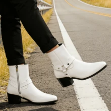 Men's Square-Toed High Heel Shoes Hairdresser Fashion Chelsea  Boots European And American Ring Buckle Luxury Short Boots - 白色 - 查看 6