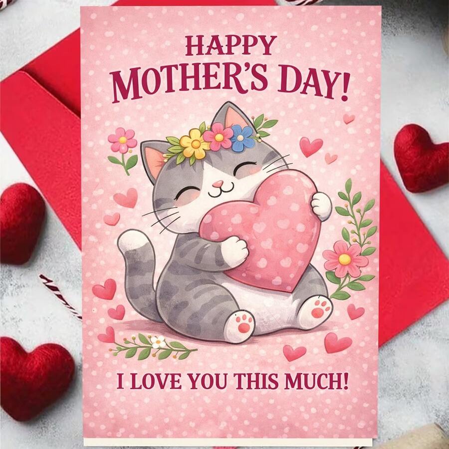 1张可爱猫咪拥抱爱心母亲节贺卡 | “我爱你这么多”贺卡，带邀请函口袋，送给母亲的完美礼物，纸质