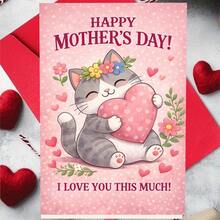 1张可爱猫咪拥抱爱心母亲节贺卡 | “我爱你这么多”贺卡，带邀请函口袋，送给母亲的完美礼物，纸质 - 多色 - 查看 10