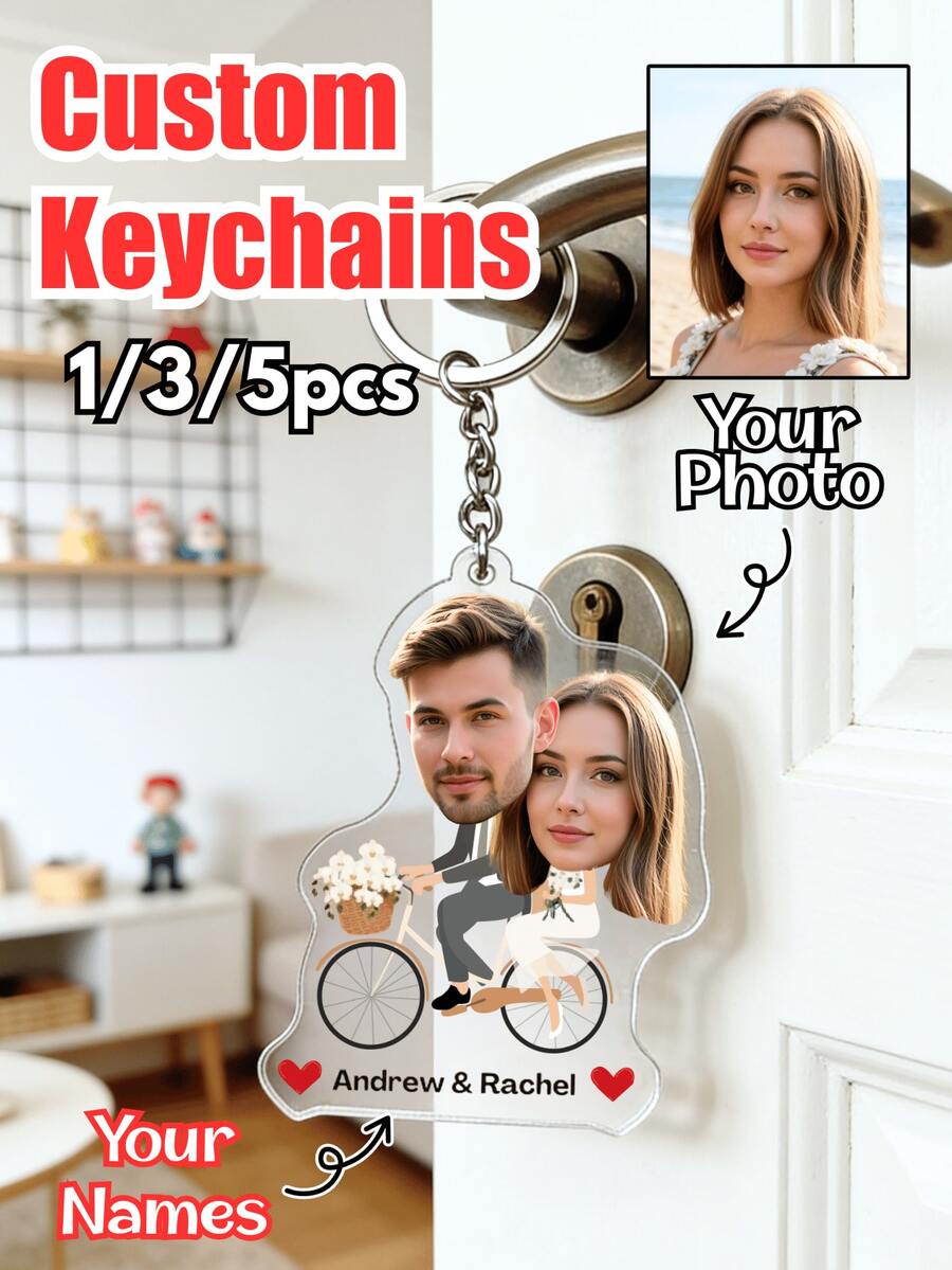 1/3/5pcs Custom Creative Wedding Keychain With Personalized Acrylic Photo Portrait - Customize Couple Photos And Text, Personalized Photo Keychains, Wedding, Anniversary, Valentine's Day Gifts