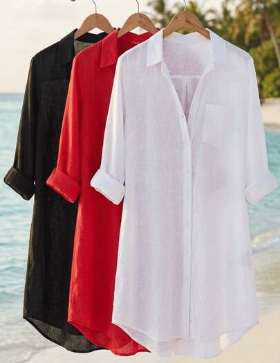 Saída De Praia Longa Feminina Kimono Longo Manga Comprida Roupas Femininas Pra Praia Bonitas Leves Frescas Blusão de Praia Camisão Linho Canga Com Botões Bolso na Frente Chique  Praia