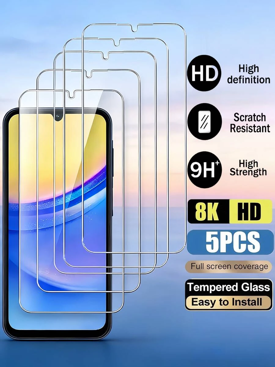 防震钢化玻璃5片装超高清9H硬度屏幕保护膜，兼容三星Galaxy S26 S25 S24 Ultra FE A57 A37 A56 A36 A17 A07 A16/小米15T 14T 13T Poco M6 M7 X7 Pro Note 14 13 Pro 4G 5G/ 17 Pro Max 16 15 14 Plus，全覆盖无气泡保护膜，易于安装，复活节生日礼物，春季佳品。