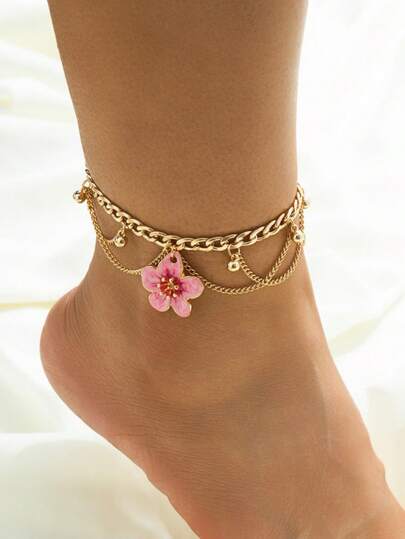 1pc Handmade Tie Dye Tie-Dye Tassel Decorated Plumeria Pendant Anklet, Summer Vacation Style For Girls