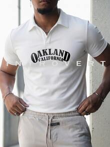 男士新款时尚百搭印花翻领学院风经典休闲Polo衫，柔软透气面料，常规版型，百搭休闲上衣 - 白色 - 查看 1