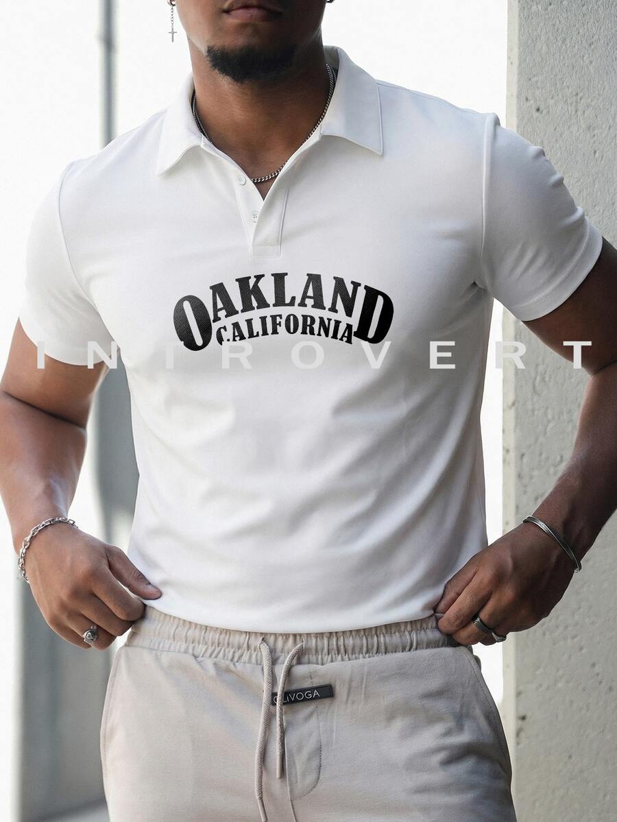 男士新款时尚百搭印花翻领学院风经典休闲Polo衫，柔软透气面料，常规版型，百搭休闲上衣 - 白色 - 查看 1
