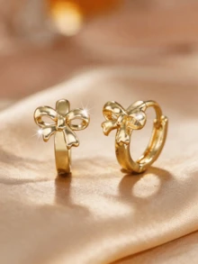 2pcs Cute Bow Hoop Earrings, Gold Plated Earrings, Jewelry Gift For Birthday, Thanksgiving, Graduation - Gold - View 6