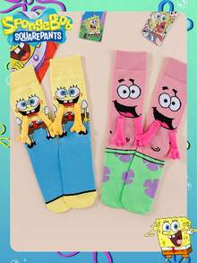 SpongeBob SquarePants Cartoon Unisex Couple Straight Mid-Calf Socks, In-Stock Magnetic Handholding DIY Anime Socks - Multicolor - View 2