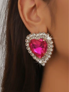 1 Đôi bông tai hình học phóng đại sang trọng, đính đá Zirconia và pha lê tổng hợp, kiểu dáng thời trang, đính pha lê giả màu trắng, xanh lá cây, đỏ, bông tai dáng dài sang trọng, cá tính dành cho váy dự tiệc. - JXER185-Bông tai trái tim lớn - Xem 5