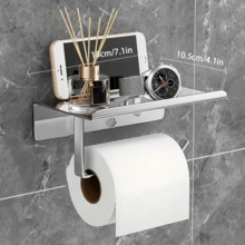 1pc Stainless Steel Toilet Paper Holder With Shelf & Phone Stand - Wall Mounted Space Saving Bathroom Organizer For Tissue And Accessories - A - View 5