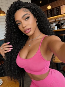 NATAN 36英寸长款深卷曲蕾丝前假发，巴西发混纺，无胶13x4高清透明蕾丝前假发，预拔毛波浪蕾丝前假发，180%密度真人发假发，女士款 - 自然色&黑色系 - 查看 8