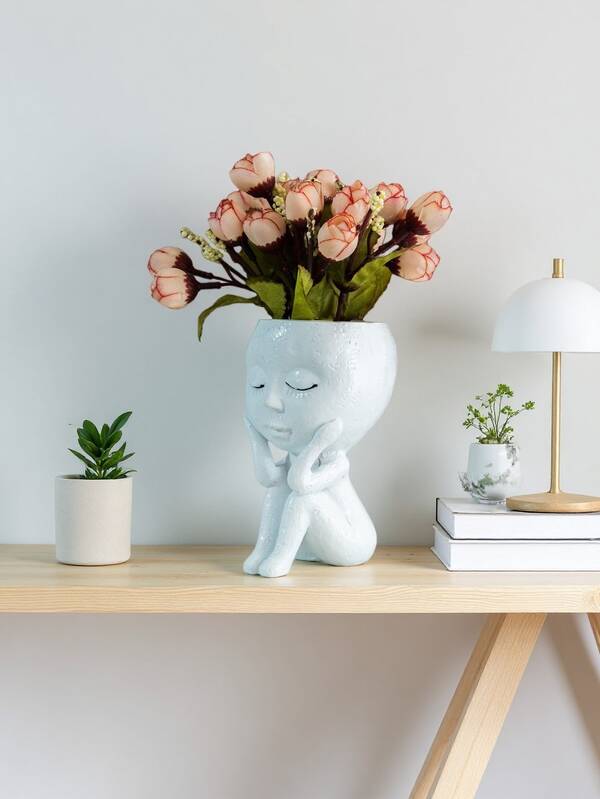 1pc Handmade Closed-Eye Girl Flower Pot, Creative Face Planter, Niche Elegant Home Decor, Succulent Plant Desktop Ornament