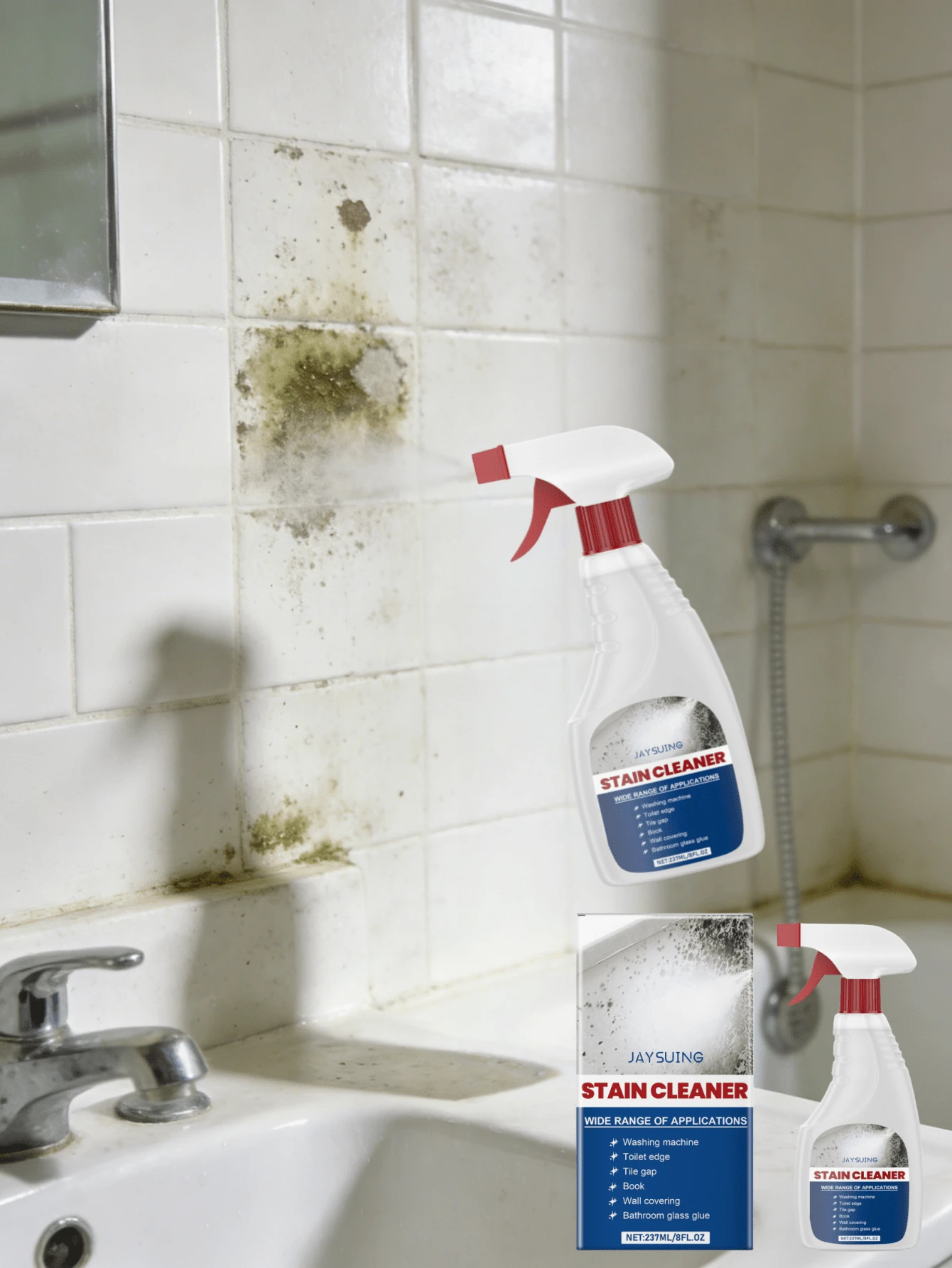 JAYSUING 墙面去渍喷雾，浴室及淋浴房霉菌清洁喷雾，快速去除墙面上的各种污渍，恢复洁净。