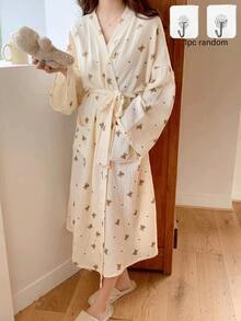 Lightweight Spring Robe/Sleepwear, Floral Print Sheer Robe/Kimono, Minimalist European Style, Long Sleeve, V-Neck, With Pockets, Comfortable Women's Loungewear Robe, Suitable For Spring, Summer, Autumn, Wedding Favor, Home & Bathroom, Best Gift For Daughter/Family - Multicolor - View 12