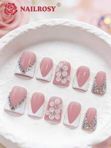 10pcs Handmade Press On Nails Kit | Elegant Pink White French Tip 3D Pleated Shell Flower Rhinestone Long Square Fake Nails - Nailrosy Short Duck Flare Shape | Gift Box Included For Wedding Birthday Party - Pink - View 2