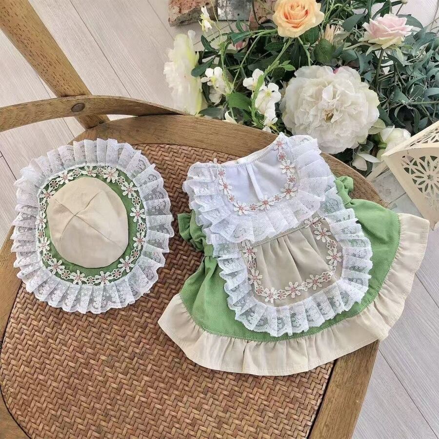 1pc Pet Lace Floral Dress (Excluding Hat), Cute Spring/Summer Dress For Dogs & Cats - Green - View 1