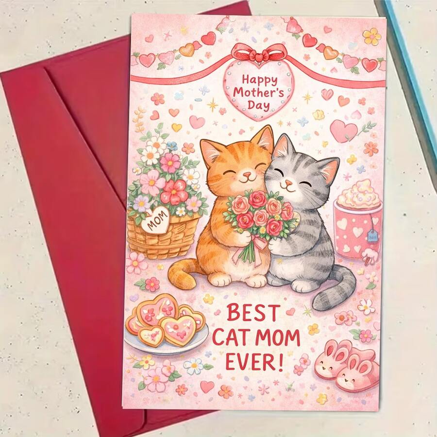 1pc Mother'S Day Greeting Card | Cartoon Cats Hugging With Bouquet, "Best Cat Mom Ever" | Invitation Pocket, Paper Material