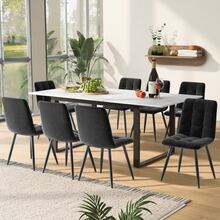 Dining Chair Set (Dining Table 140 / 180*80*75 Cm With 8 Chairs), Modern Kitchen Table Chair Set, Grey Velvet Dining Chair, White MDF Top, Black Table Legs. - White - View 9