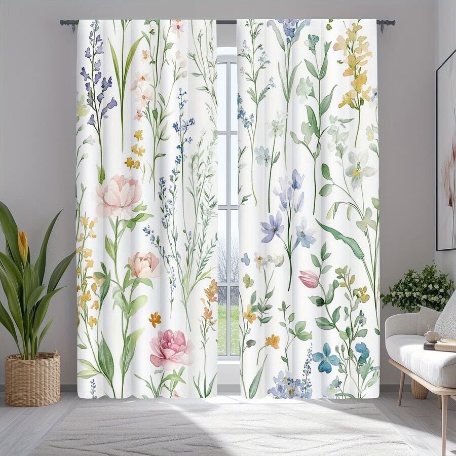 2PCS Watercolor Floral Curtains, Pole Pocket Design To Protect Privacy, Bohemian Style Colorful Flower Design Suitable For Bedrooms And Living Rooms - Multicolor - View 1