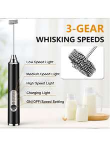 1pc Handheld Electric Milk Frother, Black/White Electric Milk Frother & Mixer, With 2 Replaceable Stainless Steel Attachments, 3 Speed Settings, USB Rechargeable Milk Frother For Coffee, Milk, Egg, Hot Chocolate - Multicolor - View 11