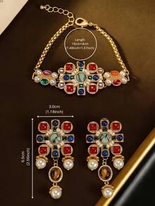 Mid-Century Vintage Elegant Colored Stone Inlaid With Small Pearls Accented With Tiger's Eye Stone Pendant Geometric Square Bracelet And Earrings Suitable For Women To Wear Daily Or At Parties And Banquets Ramadan Gift - Bracelet - View 4