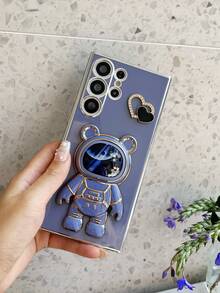 Astronaut Series Heart-Shaped Powder Compact, Electroplated Anti-Drop Phone Case + Electroplated Hidden Stand + Full Phone Case Set, Suitable For IPhone 11/12/13/14/15/16 Pro Max, S22/23/24+, A012345/654321, MOTO And Other Models - Blue - View 2