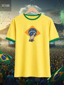 Caramel T-Shirt Brazil World Cup Hexa Soccer Green Yellow Casual Shirt Unisex Blouse Men's Women's 100% Cotton Premium Top Streetwear New Release Black White Immediate Shipping Various Colors!! Plus Size - 黃色 - 查看 1