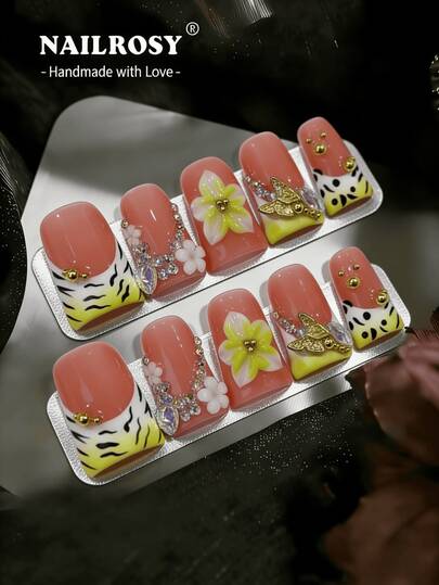 nailrosy 10pcs Handmade Dopamine Pressed Multi-Color 3D Y2K Duck Mouth Reusable False Nails With Rhinestones, Shimmering Colorful French Manicure Handmade Press On Nails