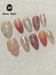 1Package/10Pcs Short Almond Press On Nails Set : Opulent 3D Statement Nails – Meticulously Hand-Sculpted With Golden Flourishes, Blushing Purple Marble, Volute Textures, And Luminous Pearl White Finishing - Multicolor - View 3