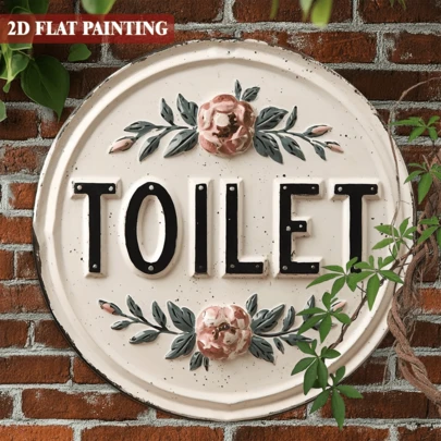 1pc Vintage Retro Round Toilet/Bathroom Sign - Heavy Duty Iron Wall Mounted, Suitable For Housewarming Gift, Farmhouse Decor, For Bathroom, Office, Fade-Resistant Antique Decor Plaque, 2D Flat, Pre-Drilled Holes, Style As Shown In Size
