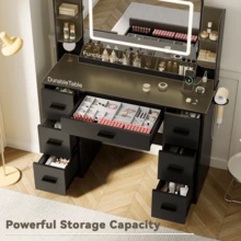 Vanity Desk With Lights, Large LED Mirror With 3 Color Modes, Makeup Vanity With Power Outlet & USB Ports, 7 Drawers - 黑色 - 查看 4