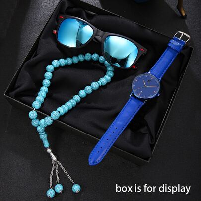 Klein Blue 3 Pieces Set For Men: Minimalist Watch + Colorful Sunglasses + Beaded Bracelet Gift Box, Vacation Style, Ideal Gift For Boyfriend, Father, Graduation, Festival