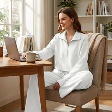 Women's 2 Piece Tracksuit Set - Half Zip Hoodie & Wide Leg Pants Loungewear With Pockets,Cozy 2 Piece Lounge Set - Sweatshirt & High Waisted Joggers For Home & Gym - 白色 - 查看 7