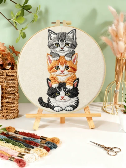 20x20cm/7.9x7.9in Embroidery Kit, Handmade DIY Embroidery Set With Mischievous Cute Cat Pattern, Suitable For Adult Beginners, Includes Embroidery Cloth, Instructions, Embroidery Frame And Needles, Great Gift For Friends And Family, Home Decor, Office Craft