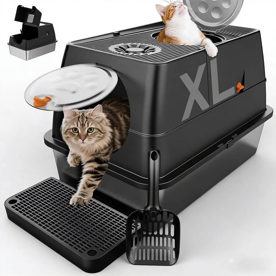 Extra Large Stainless Steel Cat Litter Box Set. Premium Stainless Steel, Easy To Clean And Splash-Proof. Includes A Litter Scoop, Step Pedal, Anti-Slip Mat And Deodorizing Carbon Pack. - XL - View 1