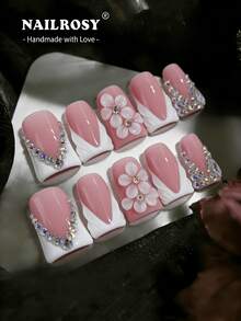 10pcs Handmade Press On Nails Kit | Elegant Pink White French Tip 3D Pleated Shell Flower Rhinestone Long Square Fake Nails - Nailrosy Short Duck Flare Shape | Gift Box Included For Wedding Birthday Party - Pink - View 1