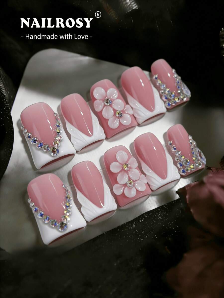 10pcs Handmade Press On Nails Kit | Elegant Pink White French Tip 3D Pleated Shell Flower Rhinestone Long Square Fake Nails - Nailrosy Short Duck Flare Shape | Gift Box Included For Wedding Birthday Party - Pink - View 1