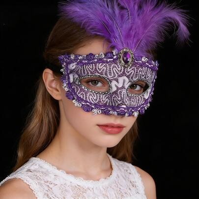 1pc Feather Masquerade Mask, Half Face Lace Mask, Artificial Feather Personalized Mask, Suitable As Exquisite Ladies' Gift, Applicable For Party Decoration And Photography Props (Fabric Pattern Random)