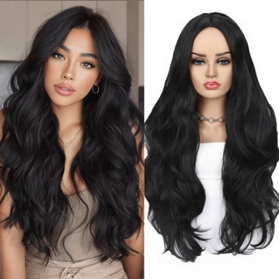 28英寸黑色长卷发合成假发，女士款，奢华蓬松卷发造型，玫瑰网帽设计，柔软蓬松的卷发，适合日常、角色扮演、派对等场合，可调节，佩戴舒适。