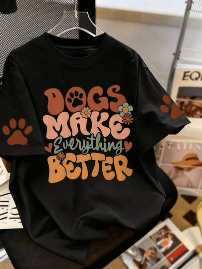 大码女式标语狗字母卡通印花圆领短袖T恤。适合夏季假期、情人节、母亲节礼物；