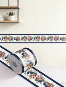 Self-Adhesive PVC Waterproof Wall Sticker Baseboard For Kitchen And Bathroom - Blue Flowers - View 2