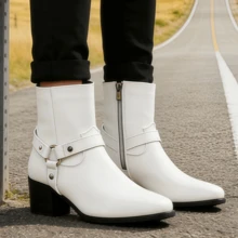 Men's Square-Toed High Heel Shoes Hairdresser Fashion Chelsea  Boots European And American Ring Buckle Luxury Short Boots - 白色 - 查看 1