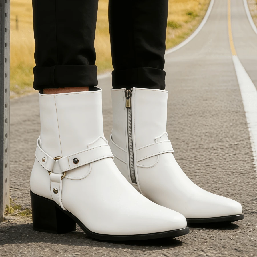 Men's Square-Toed High Heel Shoes Hairdresser Fashion Chelsea  Boots European And American Ring Buckle Luxury Short Boots - 白色 - 查看 1